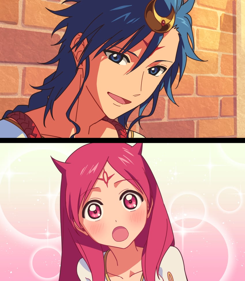 魔笛MAGI、席巴 (魔笛MAGI)、所罗门·约哈斯·亚伯拉罕 1名男孩 1名女孩 两格漫画 蓝眼 蓝发