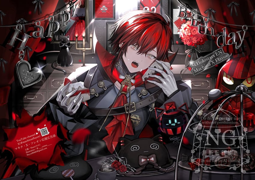 HOLOSTARS、Holostars English、Machina X Flayon 1名男孩 阿斯科特领巾 黑衬衫 蛋糕 切块蛋糕