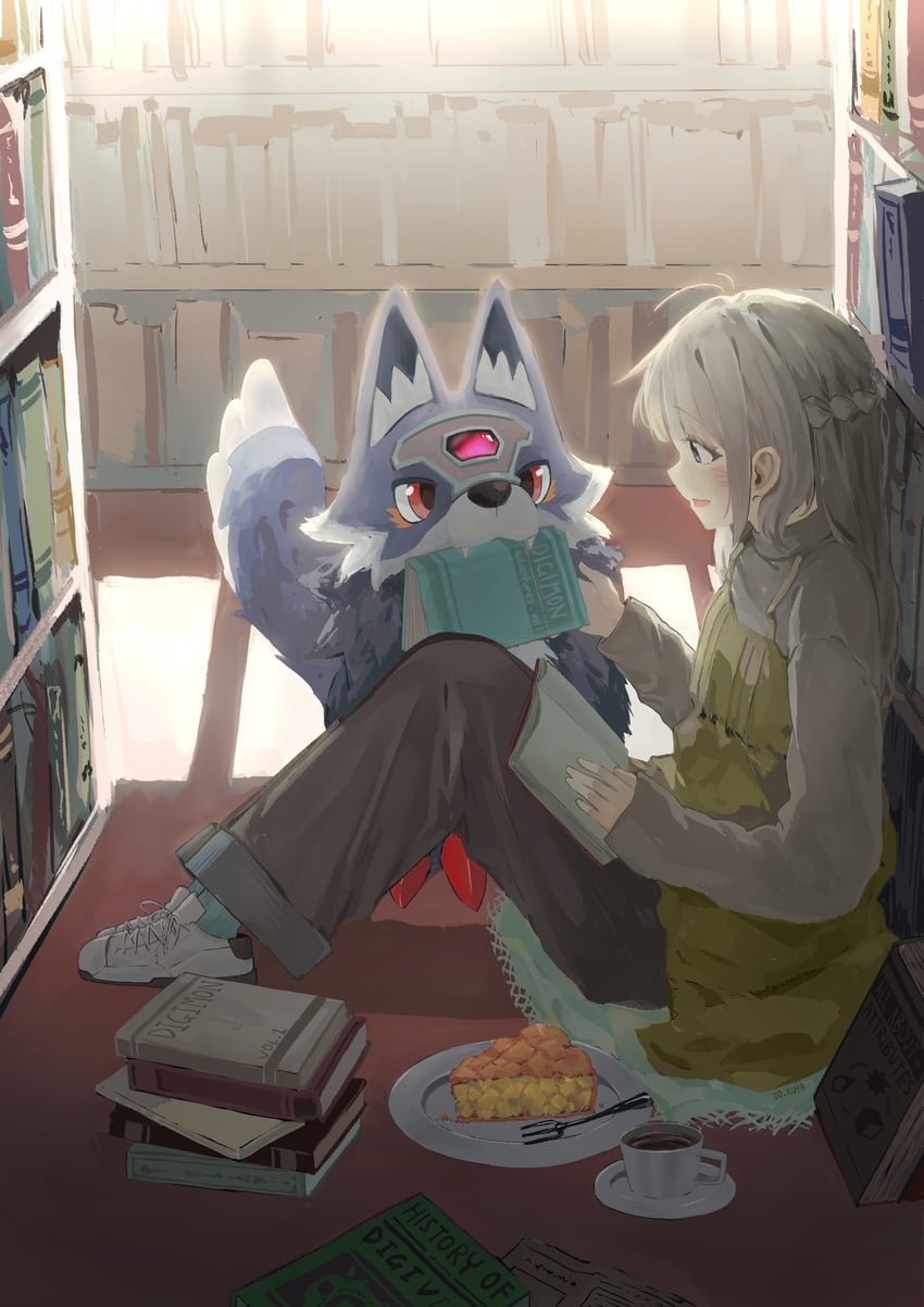 数码宝贝、原创、数码宝贝：鲁加兽 1名女孩 1个其他角色 蓝眼 蓝皮毛 蓝袜子