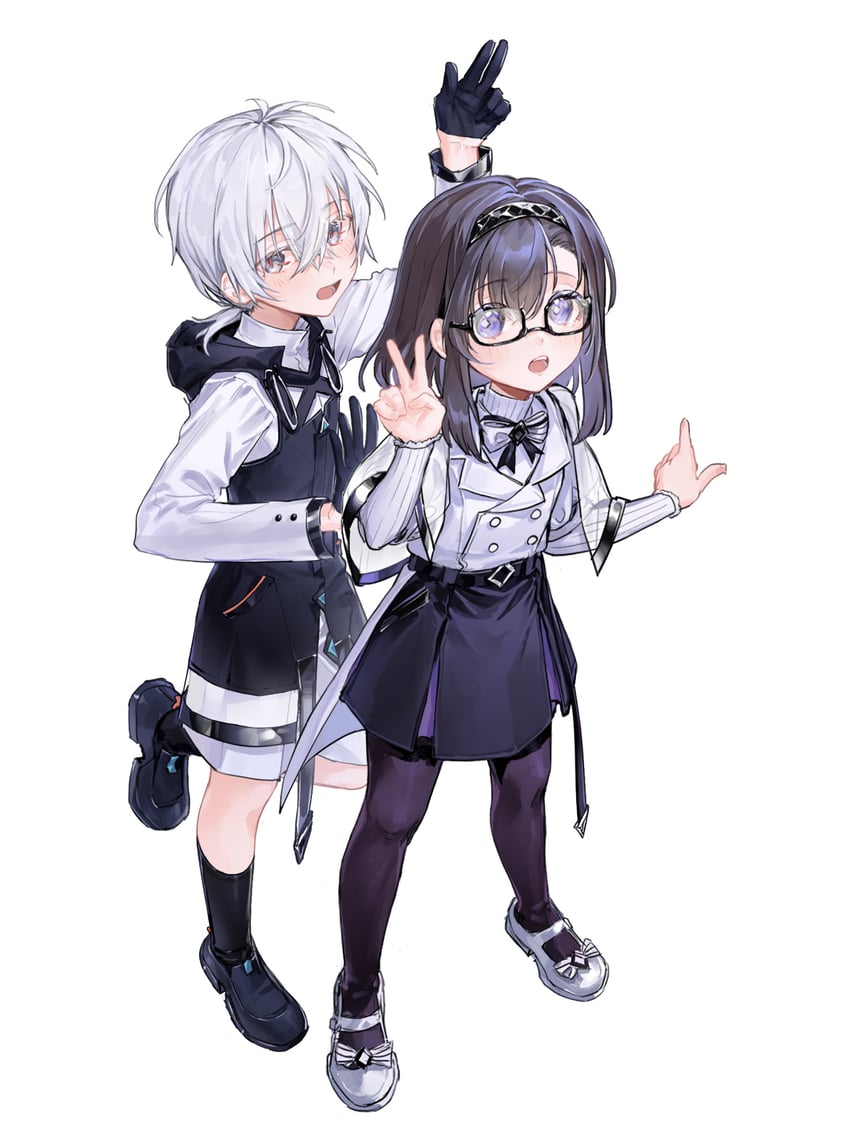 明日方舟、博士 (动漫) (明日方舟)、博士 (明日方舟) 1名男孩 1名女孩 幼化 黑色手套 黑色发带