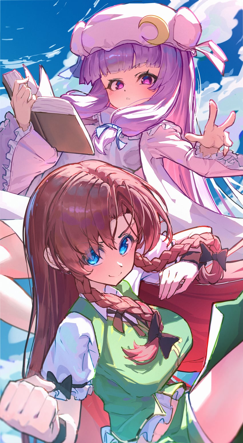 东方Project、红美铃、帕秋莉·诺蕾姬 2名女孩 黑色蝴蝶结 蓝眼 脸红 书