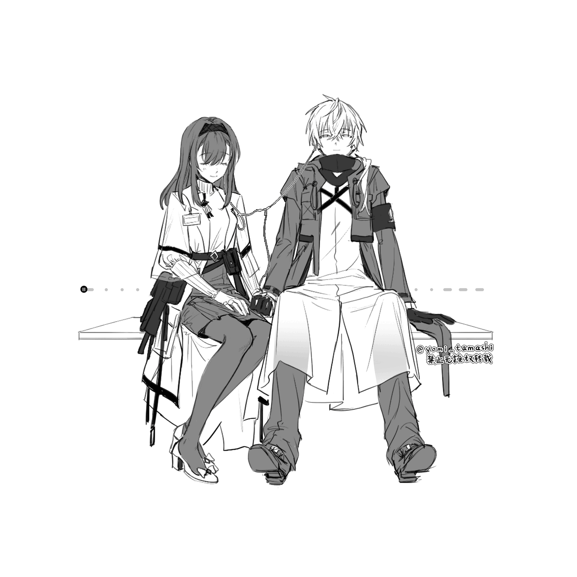 明日方舟、博士 (明日方舟)、男博士 (明日方舟) 1名男孩 1名女孩 连杠十六分音符 外套 耳机
