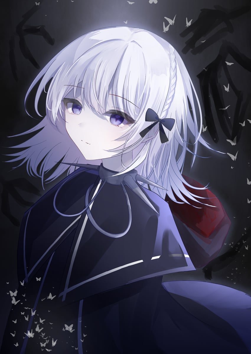 魔法少女的小镇审判、kurobe honoka、惨状 (魔法少女的魔女审判) 黑色背景 黑色蝴蝶结 黑色大衣 黑色连衣裙 黑色兜帽