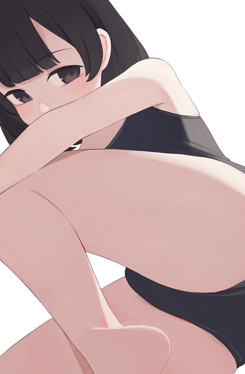 原创 1名女孩 黑瞳 黑发 黑色连体泳衣 齐刘海