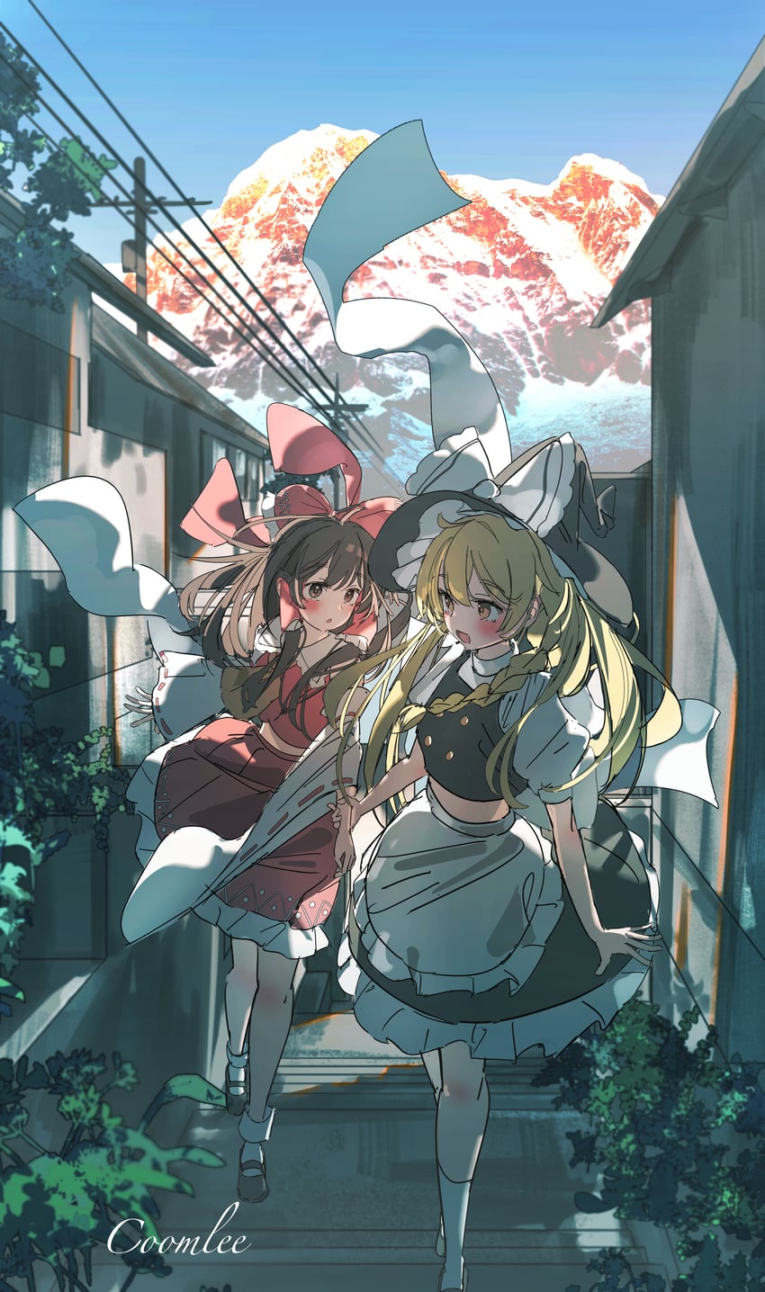 东方Project、博丽灵梦、雾雨魔理沙 2名女孩 围裙 作者名 阿斯科特领巾 黑帽子