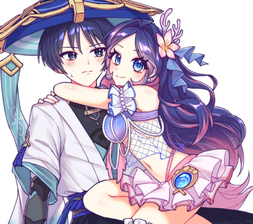 原神、原创、散兵 (原神) 1名男孩 1名女孩 手臂放在侧边 铠甲 抹胸
