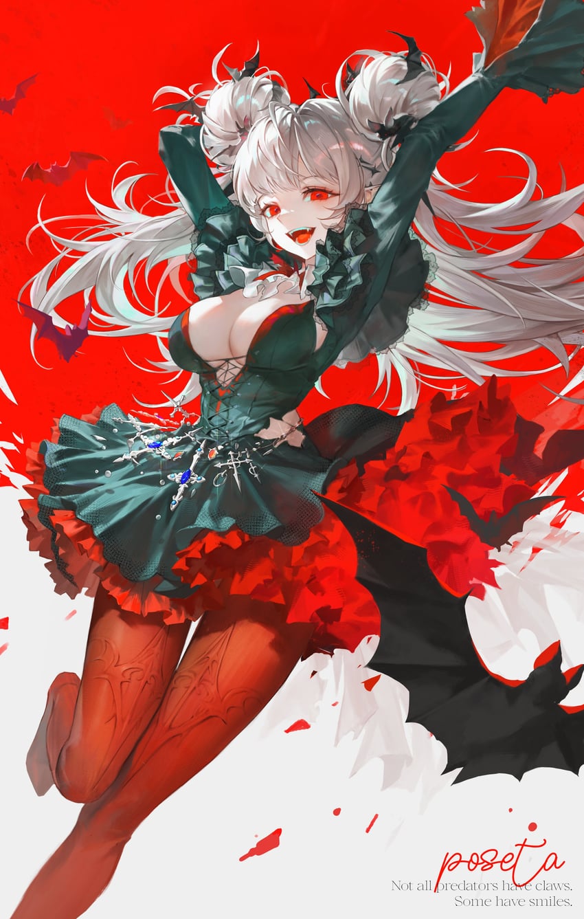 原创 1名女孩 举起双手 蝙蝠 黑色连衣裙 乳房