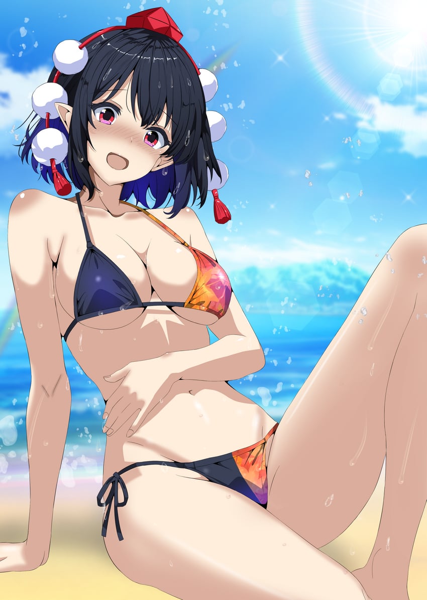 东方Project、射命丸文 1名女孩 替换服装 海滩 比基尼 黑色比基尼