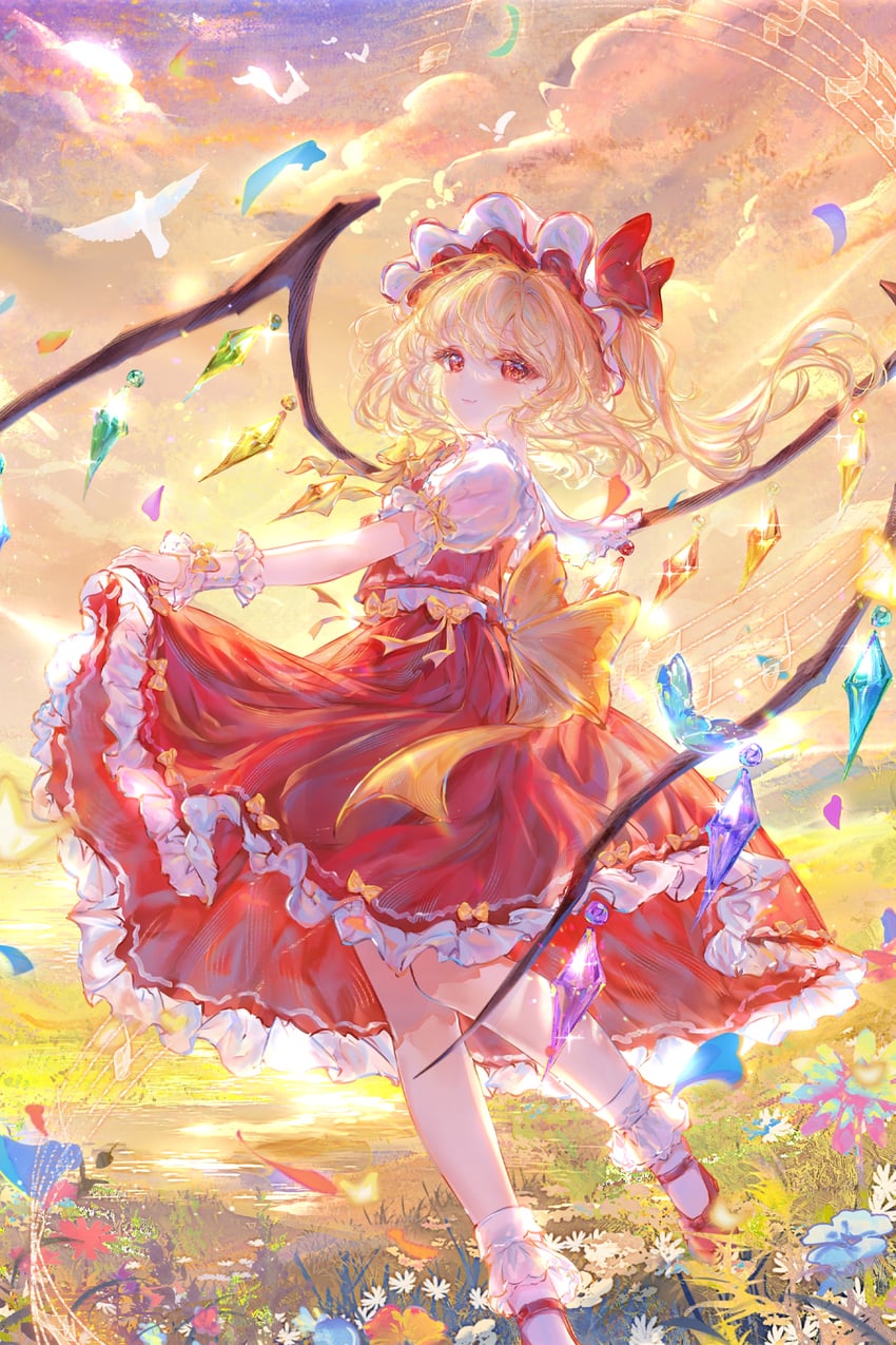 东方Project、芙兰朵露·斯卡蕾特 1名女孩 后背蝴蝶结 鸟 金发 蓝花