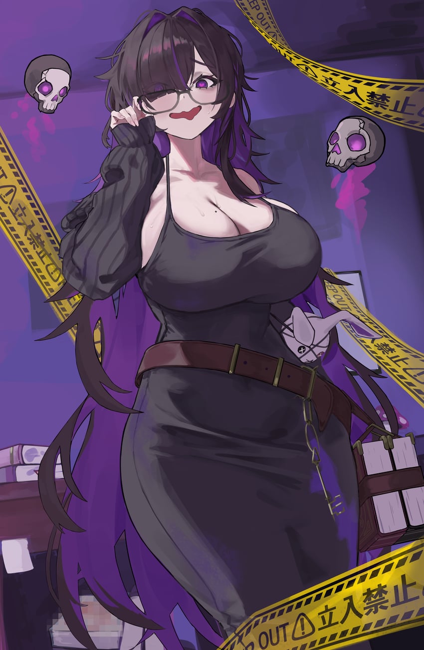 胜利女神：妮姬、拉贝尔 (胜利女神：妮姬) 1名女孩 黑框眼镜 黑色针织衫 黑色连衣裙 黑发