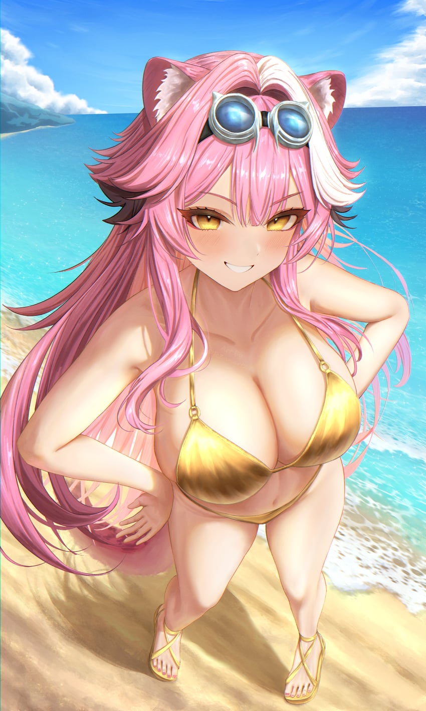 Hololive、Hololive英语、Raora Panthera (Hololive) 1名女孩 兽耳 露肩 海滩 比基尼