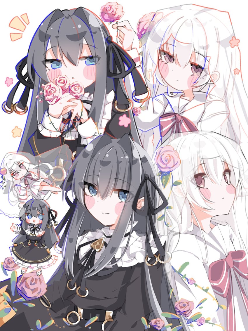 韵律源点 Arcaea、光 (Arcaea)、光 (零) (Arcaea) 2名女孩 围兜领 黑色连衣裙 黑发 黑色丝带