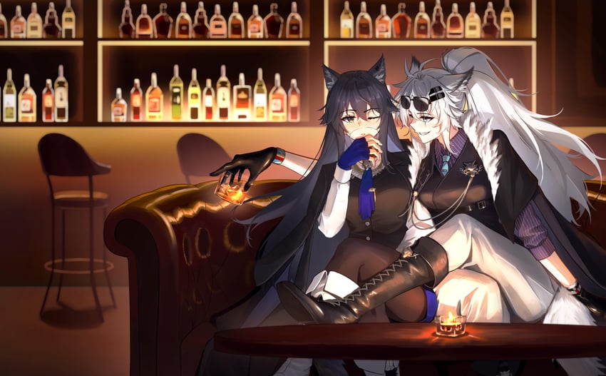 明日方舟、拉普兰德 (明日方舟)、德克萨斯 (明日方舟) 2名女孩 酒 兽耳 酒吧 黑色靴子