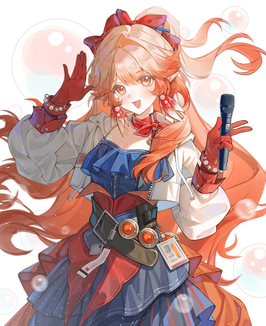 明日方舟、榛果 (明日方舟) 1名女孩 :D 蓝色连衣裙 蝴蝶结 手链