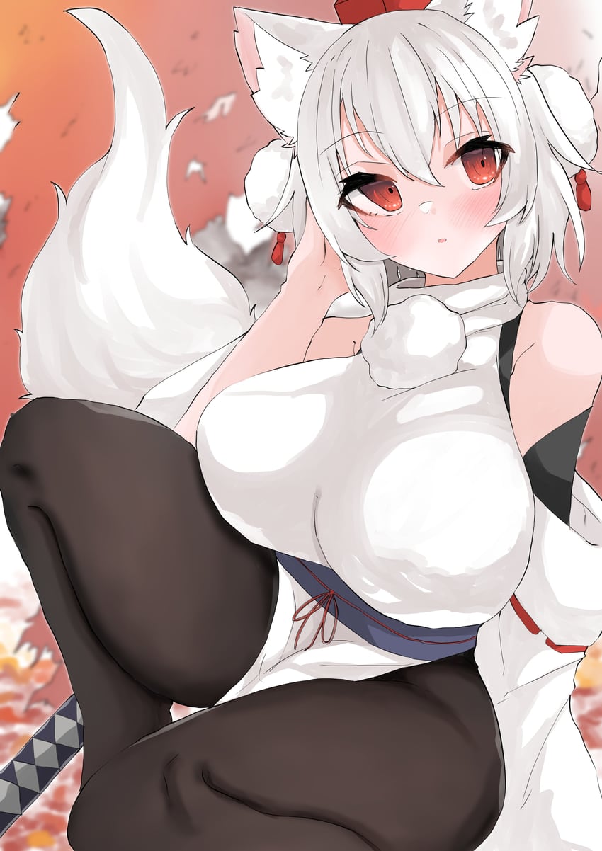 东方Project、犬走椛 1名女孩 兽耳 乳房 连衣裙 帽子