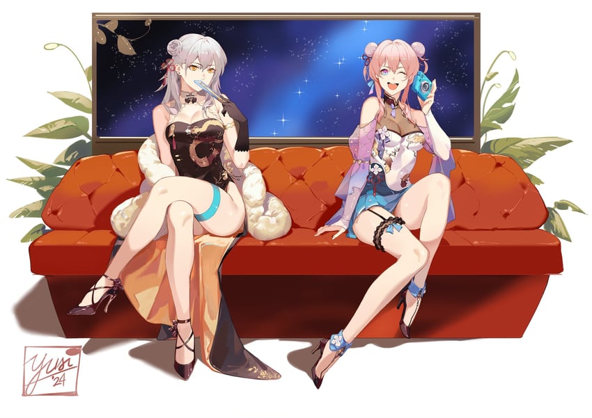 崩坏：星穹铁道、崩坏系列、三月七 (崩坏：星穹铁道) 2名女孩 :D 微笑 黑色连衣裙 黑鞋