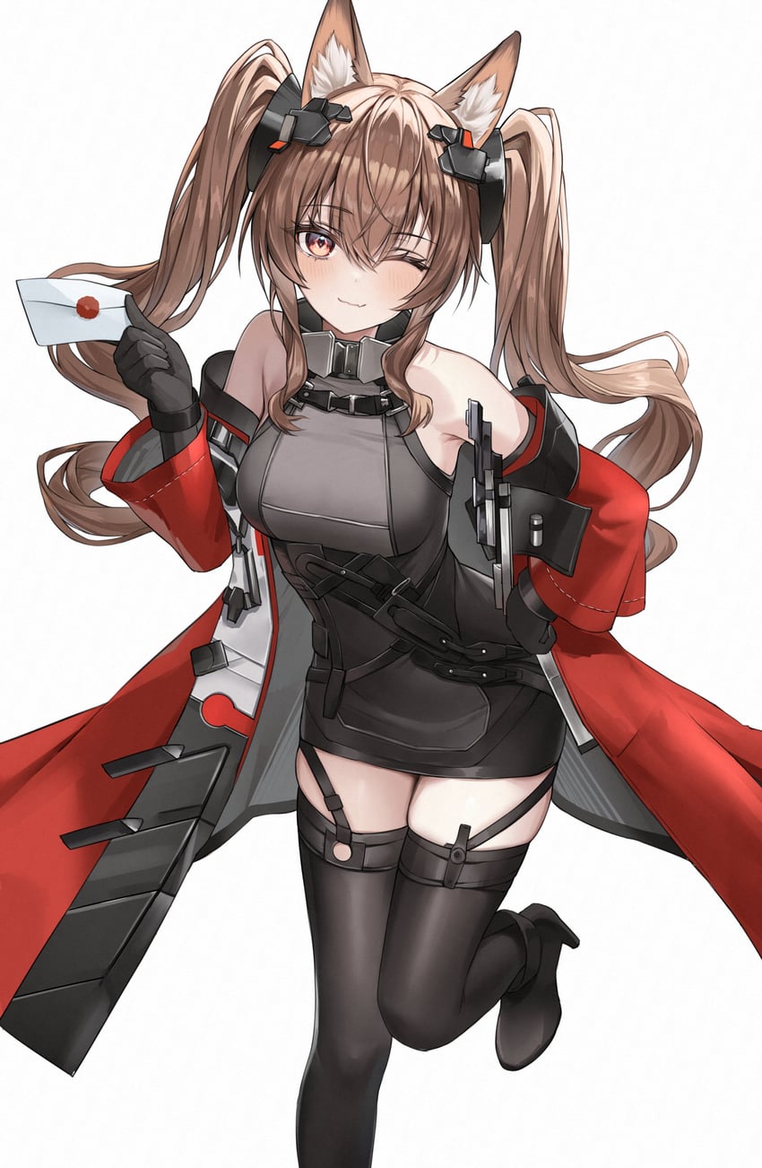 明日方舟、明日方舟：终末地、安洁莉娜 (明日方舟) 1名女孩 猫脸笑 兽耳毛 兽耳 露肩