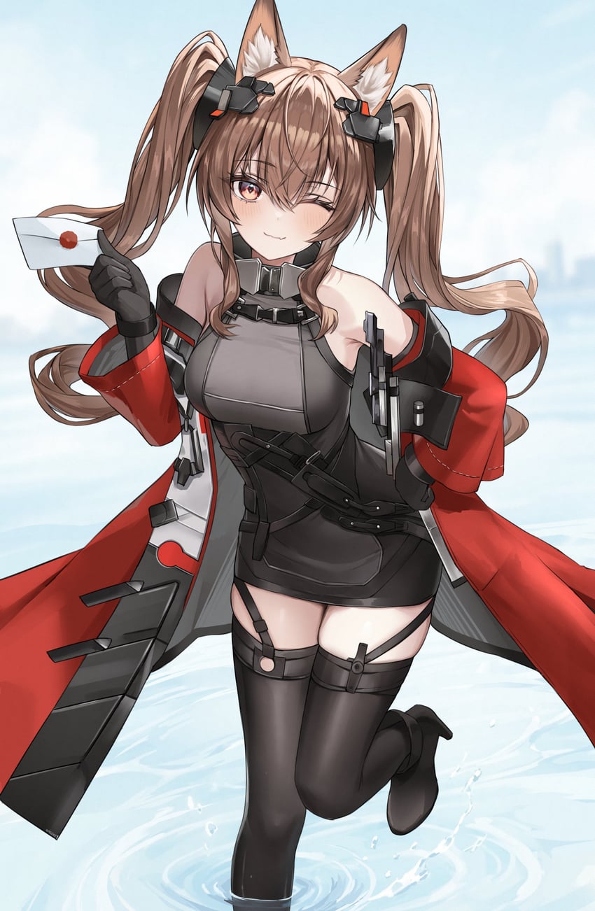 明日方舟、明日方舟：终末地、安洁莉娜 (明日方舟) 1名女孩 猫脸笑 兽耳毛 兽耳 露肩