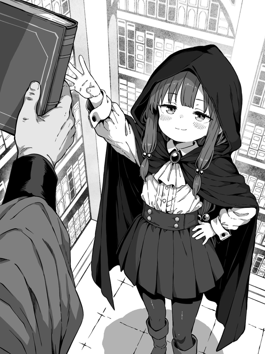 原创 1名女孩 举手 脸红 书 书架
