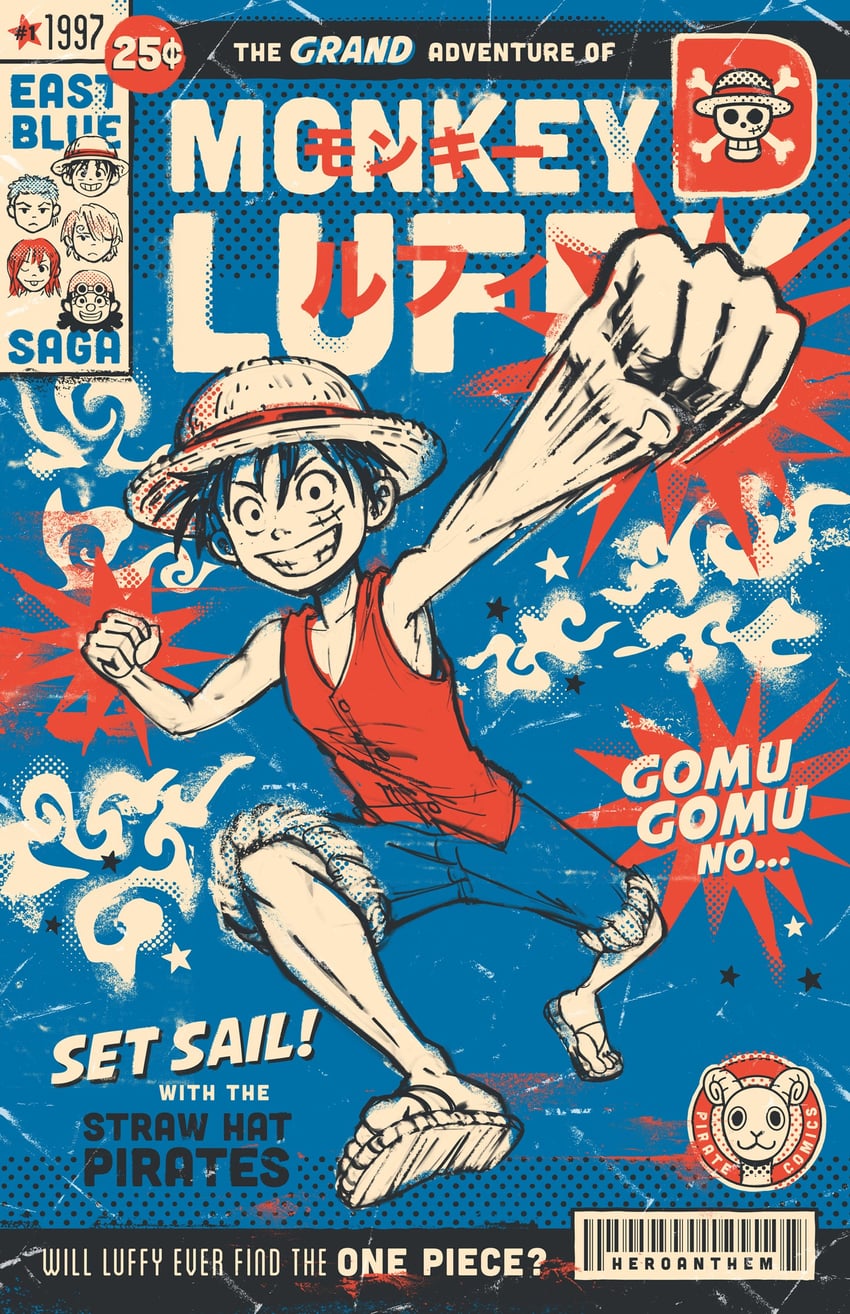 海贼王、蒙奇·D·路飞、娜美 (海贼王) 1997 1名女孩 4个男孩 作者名 蓝色背景