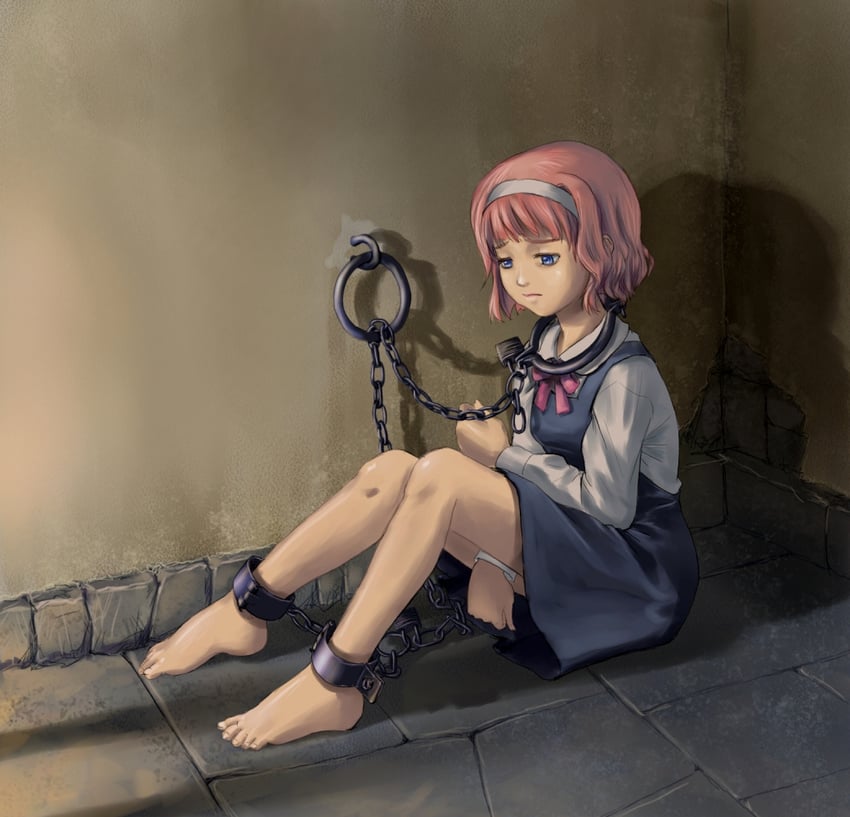 二次元插画 1名女孩 赤脚 蓝眼 波波头 束缚