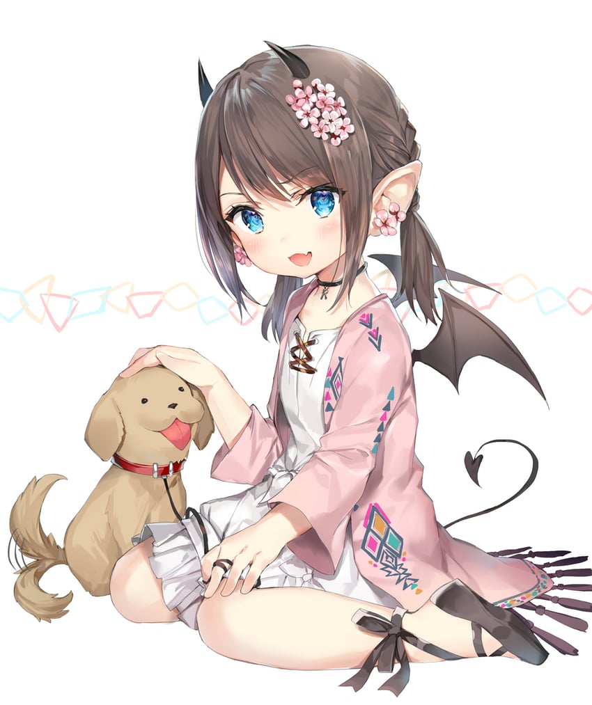 二次元插画 1名女孩 黑发 黑角 黑色尾巴 黑色翅膀