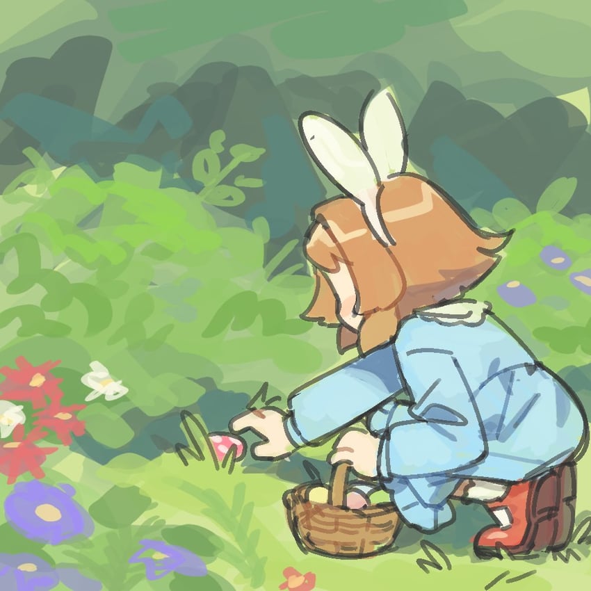 原创、haru (umiko zzz) 1名女孩 兽耳 背影 蓝色连衣裙 棕发