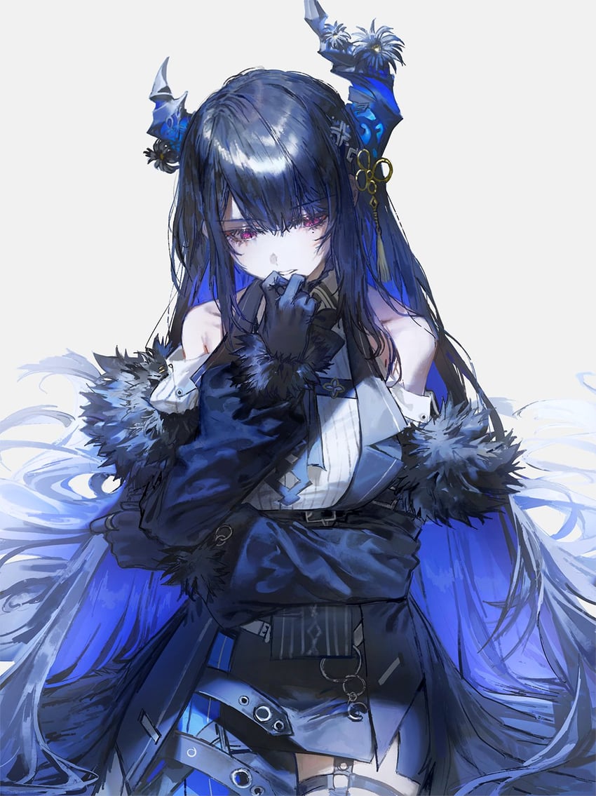 Hololive、涅莉莎·雷文克劳夫特、奈里莎·雷文克劳夫特 (第一套服装) 1名女孩 手臂托在乳房下 不对称角 黑毛皮 黑色手套