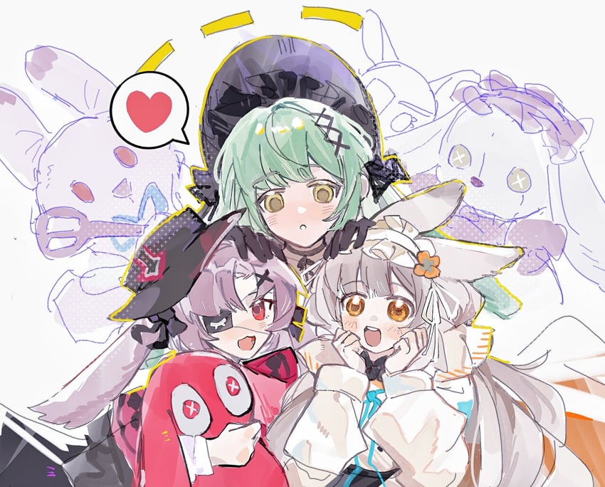 明日方舟、泡普卡 (明日方舟)、若叶睦 3人女子 猫脸笑 :D 兽耳 黑帽子
