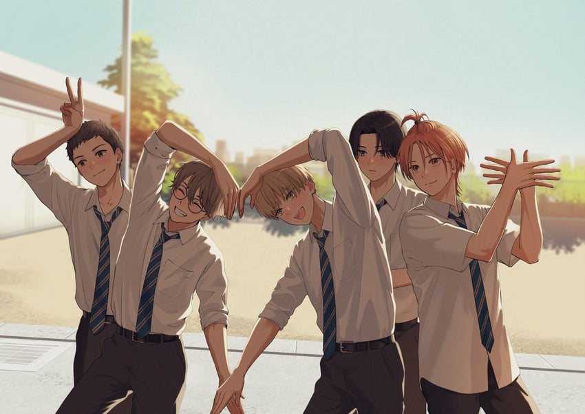 原创 5个男孩 腰带 黑发 黑裤子 模糊