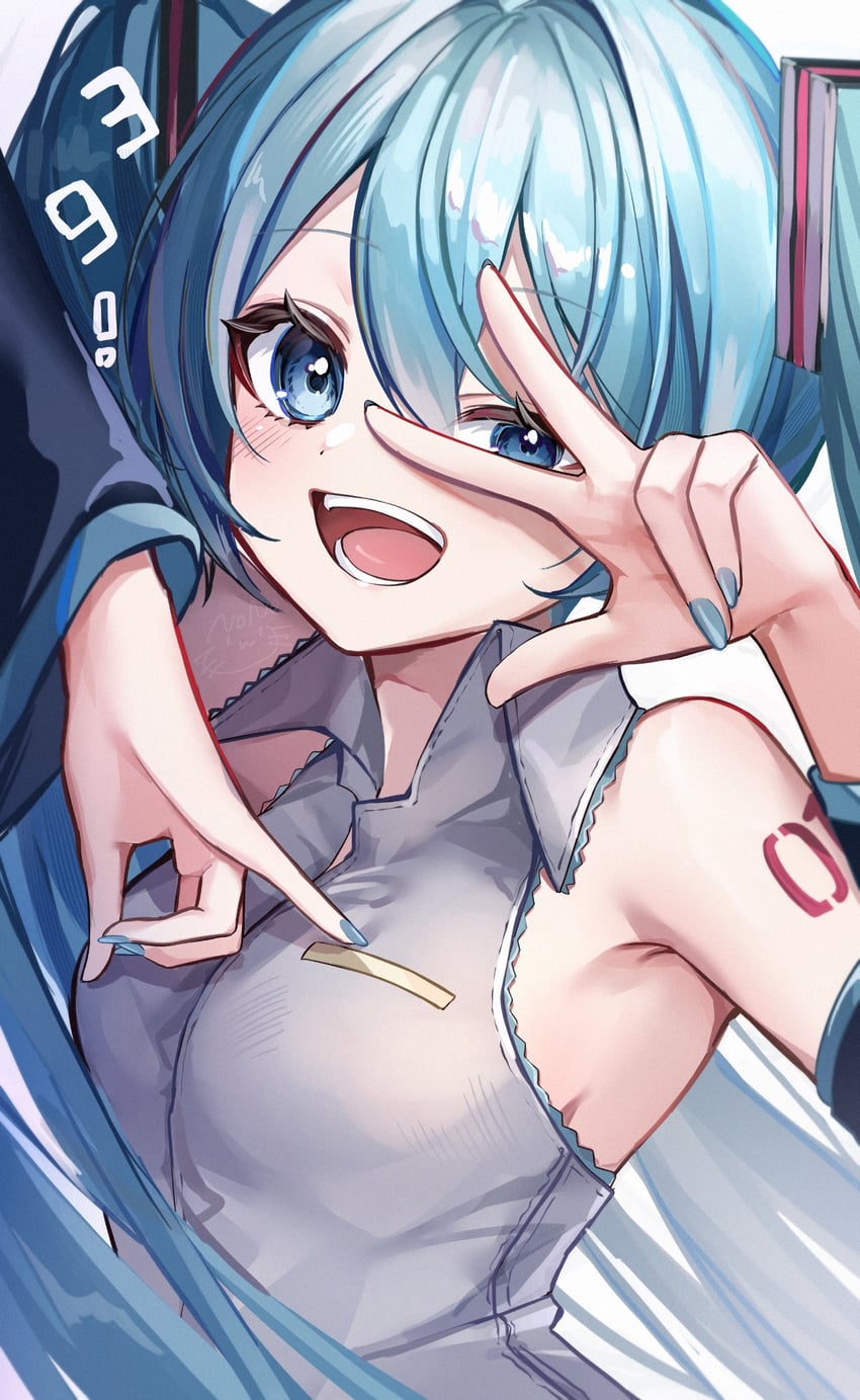 VOCALOID、初音未来 1名女孩 水色瞳 水色发 水蓝色领带 水蓝色饰边