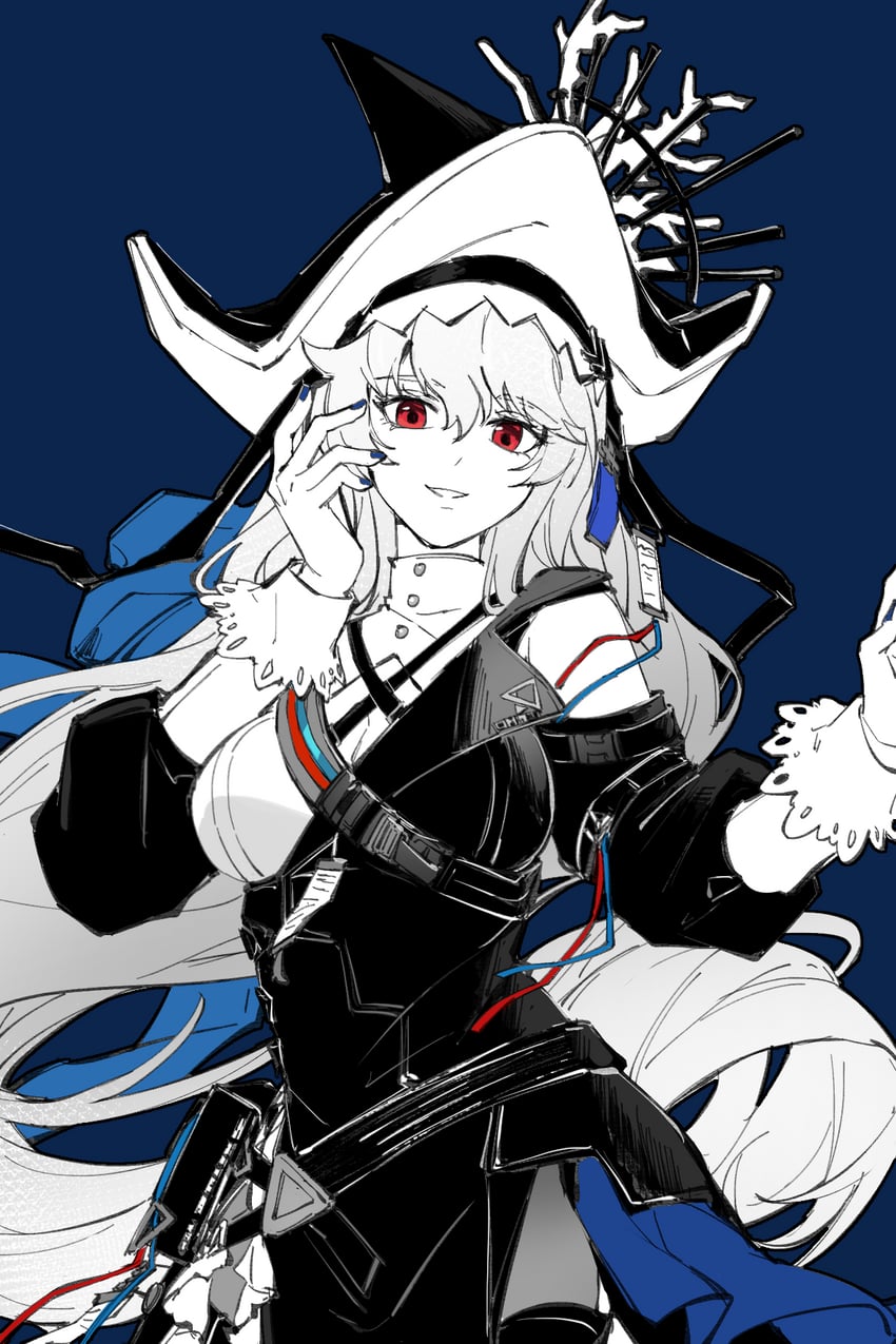 明日方舟、幽灵鲨(明日方舟)、归溟幽灵鲨 (明日方舟) 1名女孩 蓝色背景 服装镂空 交叉绑带 连衣裙