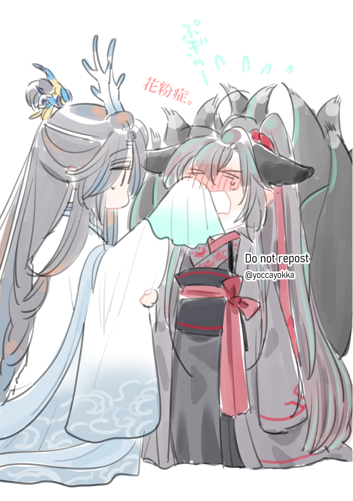 魔道祖师、蓝忘机、魏无羡 2个男孩 呆毛 兽耳 黑发 黑色汉服