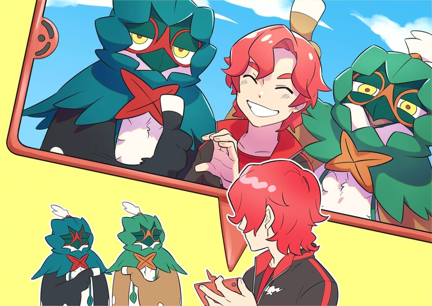原创、宝可梦、狙射树枭 1名男孩 异色 黑色夹克 闭眼 云