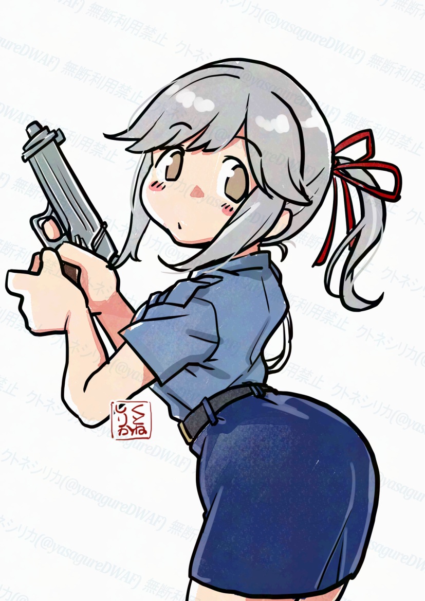 舰队Collection、薄云 (舰队收藏) 1名女孩 替换服装 作者标志 蓝色衬衫 蓝裙子