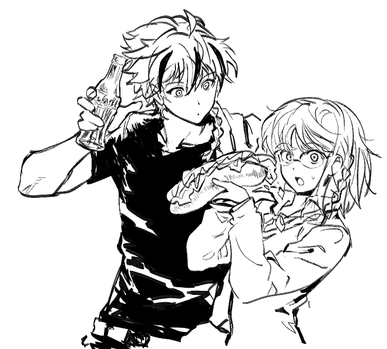 Fate/strange Fake、Fate系列、理查一世 (Fate) 1名男孩 1名女孩 瓶子 辫子 食物