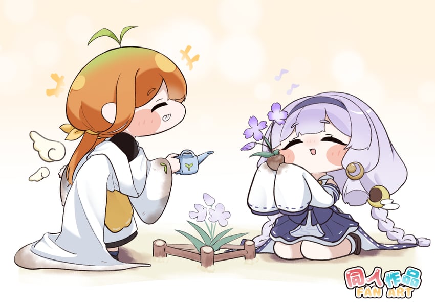 提卡尔、凯洛特 (幻影射击)、幽美 (复活吧！勇者) 2名女孩 呆毛 辫子 乳房 闭眼