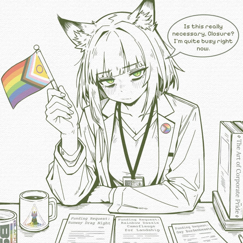 明日方舟、凯尔希 (明日方舟) 1名女孩 撇嘴 兽耳毛 兽耳 徽章