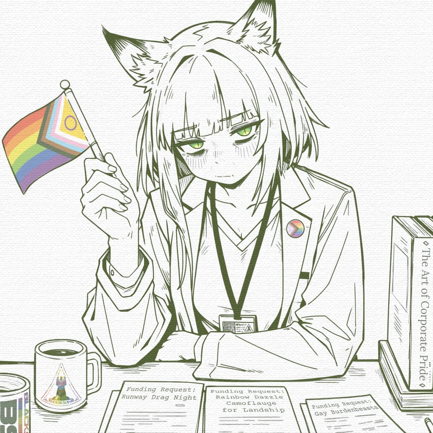 明日方舟、凯尔希 (明日方舟) 1名女孩 撇嘴 兽耳毛 兽耳 徽章