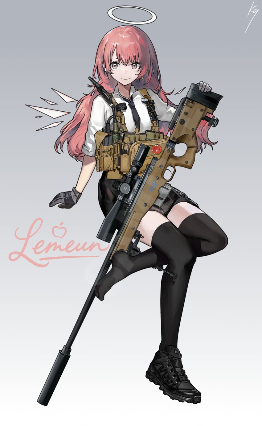 明日方舟、蕾缪安 (明日方舟) 1名女孩 极地战记 (爱) 黑色领带 黑色过膝袜 栓动式