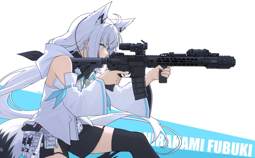Hololive、白上吹雪 1名女孩 兽耳毛 兽耳 黑色短裤 黑色过膝袜