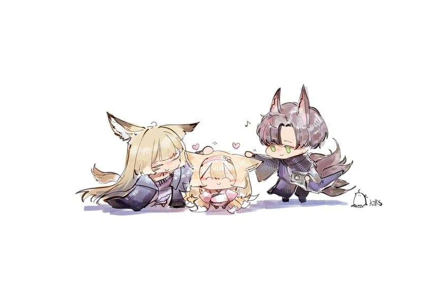 明日方舟、铃兰的父亲 (明日方舟)、铃兰 (明日方舟) 1名男孩 2名女孩 兽耳 金发 Q版