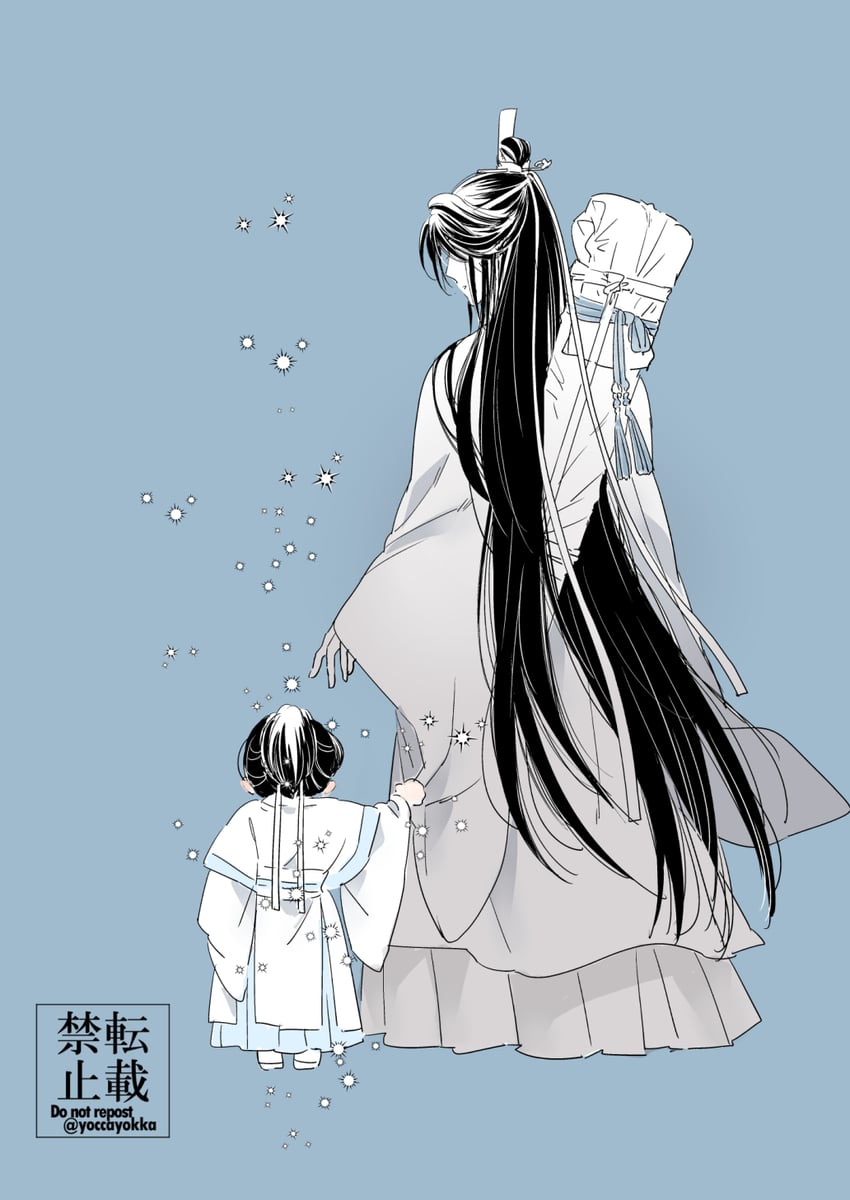 魔道祖师、蓝思追、蓝思追 (年少) 2个男孩 养父母与养子女 幼化 黑发 蓝色背景