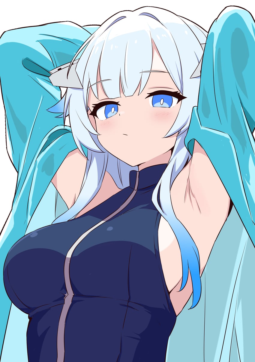 原创、Su-57 (拟人化) 1名女孩 水蓝色夹克 腋下 举起双手 蓝眼