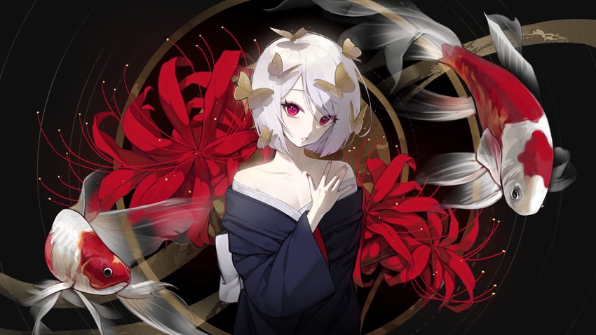 原创 1名女孩 露肩 黑色背景 黑色和服 乳房