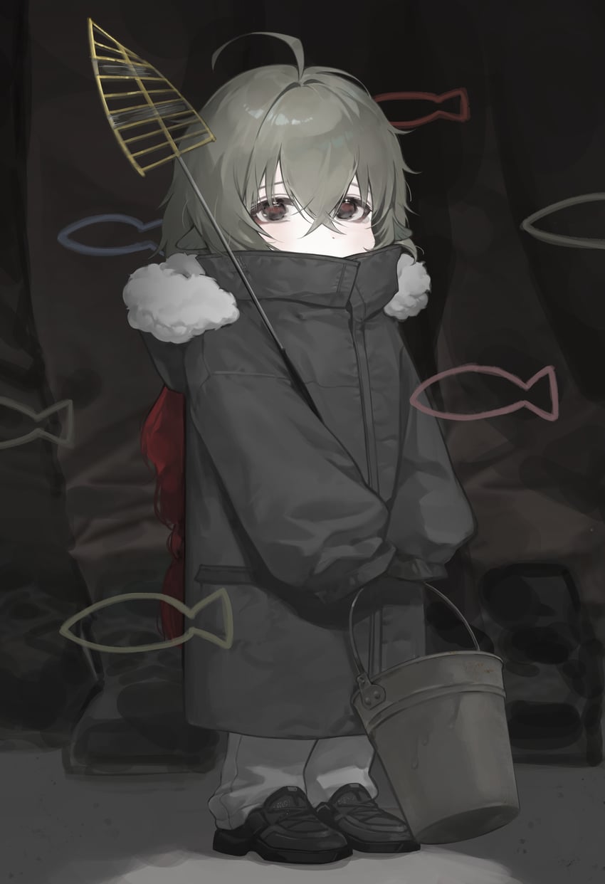 原创 1名女孩 呆毛 辫子 棕眼睛 桶
