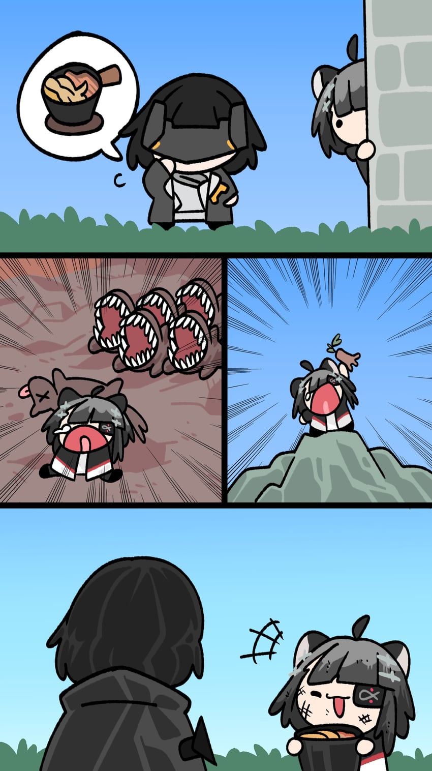 明日方舟、明日方舟：终末地、管理员 (明日方舟) 2名女孩 四格漫画 兽耳 黑发 淤青