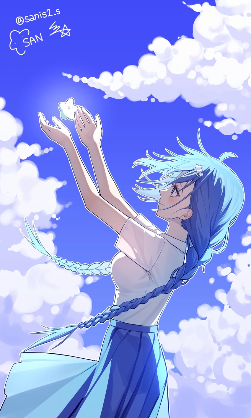 二次元插画 1名女孩 蓝眼 蓝发 蓝裙子 蓝天