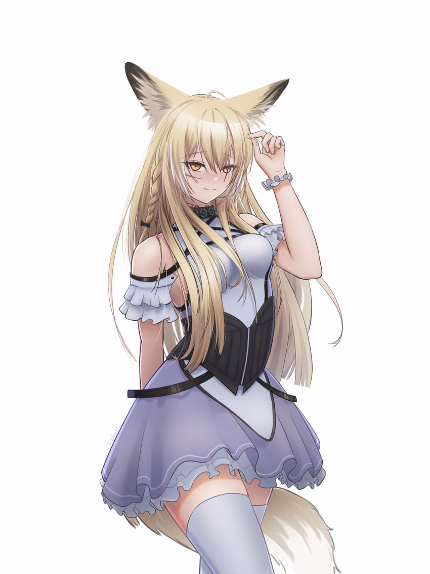 明日方舟、铃兰 (明日方舟)、铃兰 (档案名) 1名女孩 整理头发 兽耳毛 兽耳 露肩