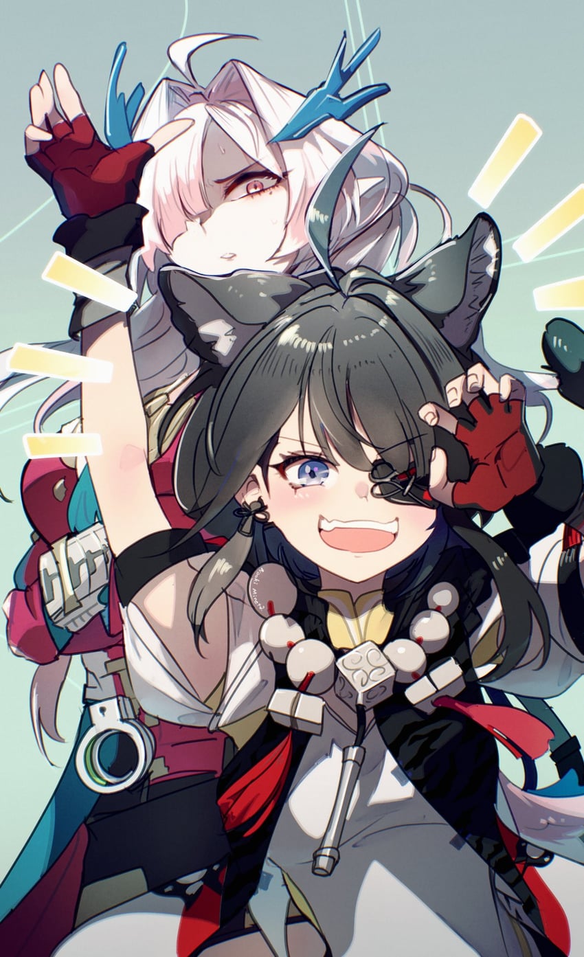 明日方舟、明日方舟：终末地、弥伏 (明日方舟) 2名女孩 兽耳 黑发 蓝眼 眼罩